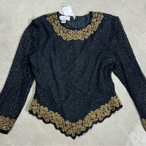 NWT Lawrence Kazar Beaded Sequined Long Sleeve Blouse Size XL Black / Gold Lined